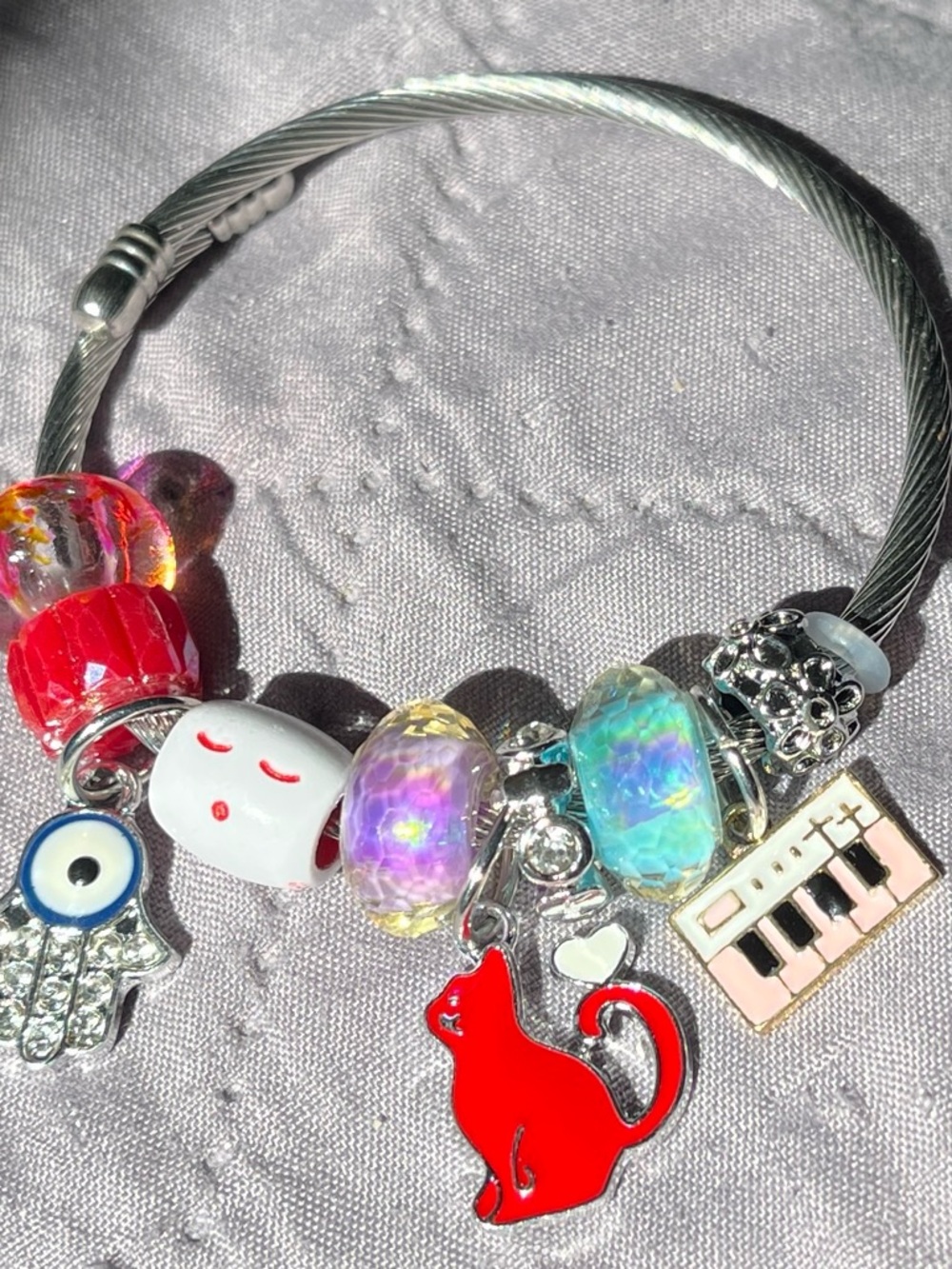 Kids Silver Charm Bracelet with Red Cat & Iridescent Beads